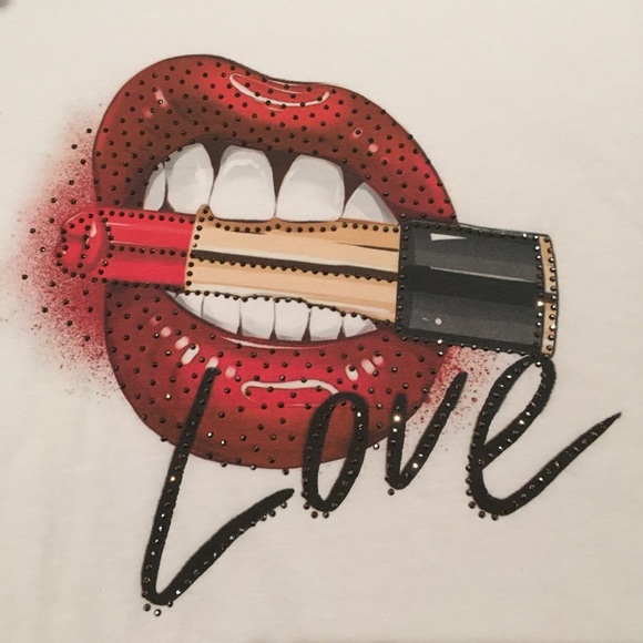 COTTON WHITE T~SHIRT QUALITY CRYSTAL EMBELLISHED “LOVE LIP STICK” SLIGHT STRETCH - Picture 2 of 13